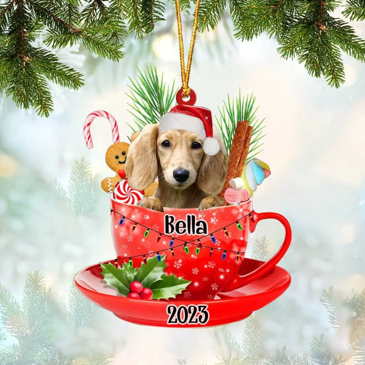 Customized Cream Long Haired Dachshund Dog Santa Hat In Red Cup Acrylic Ornament, Christmas Acrylic Ornament for Dog Lover