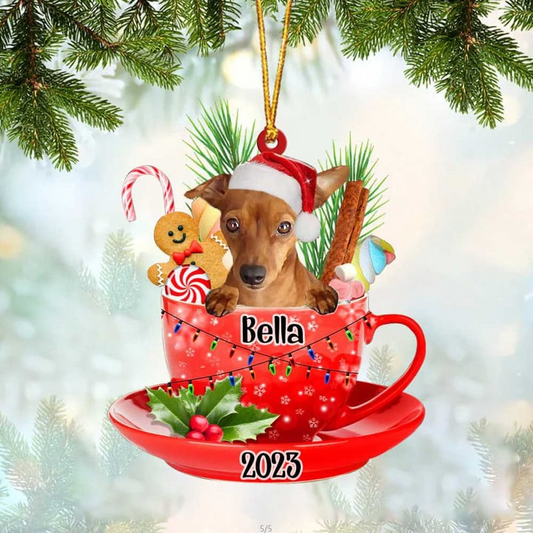 Customized Red Miniature Pinscher & Santa Hat In Red Cup Acrylic Ornament, Personalized Gifts For Christmas