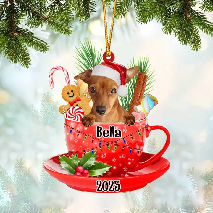 Customized Red Miniature Pinscher & Santa Hat In Red Cup Acrylic Ornament, Personalized Gifts For Christmas