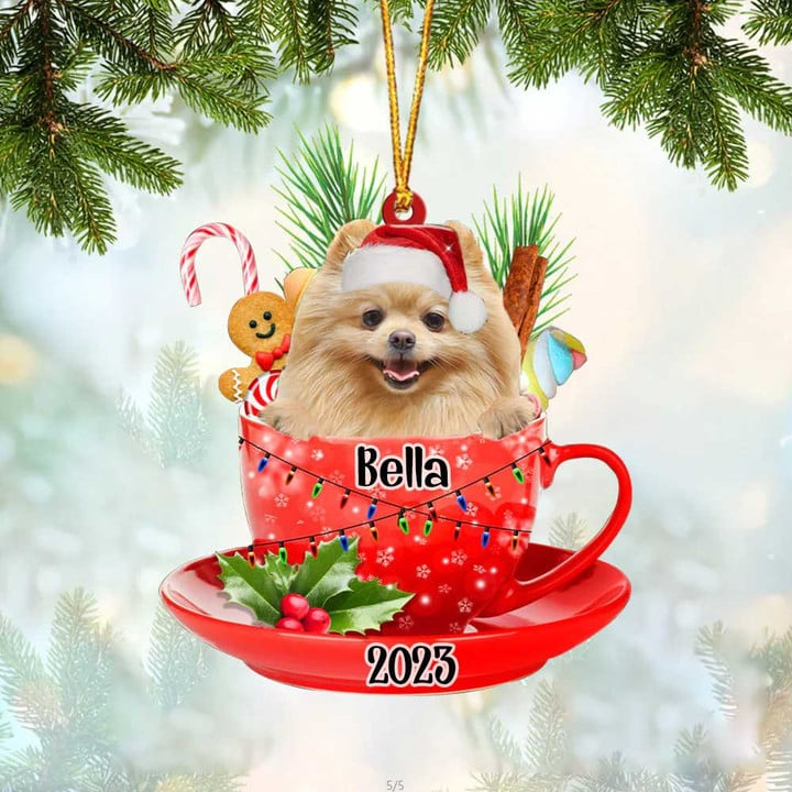 Customized Awesome Cream Pomeranian Dog Santa Hat In Red Cup Acrylic Ornament, Christmas Gifts Ornament for Dog Lover