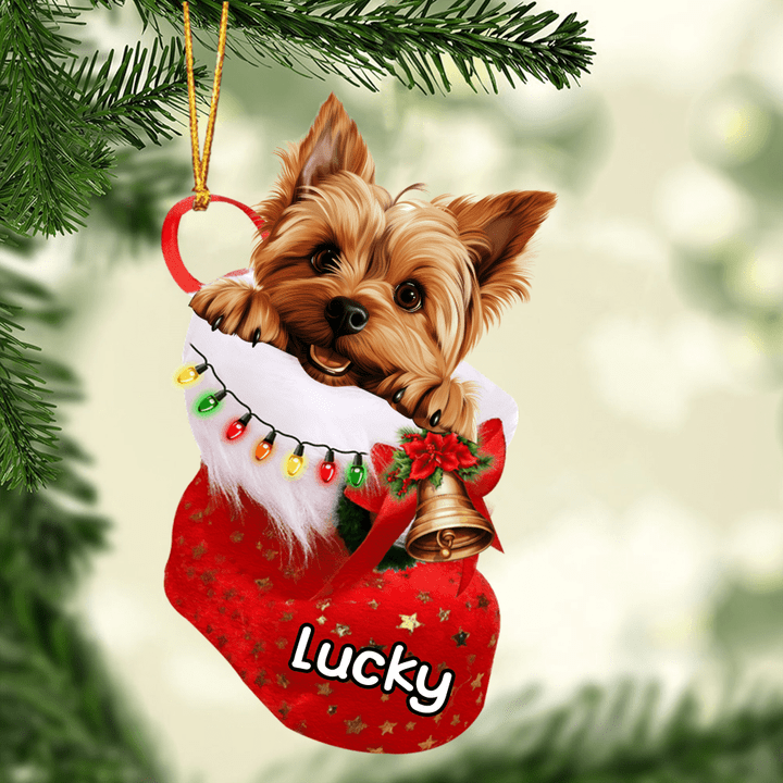 Customized Silky Terrier Dog In Christmas Stocking Acrylic Ornament, Christmas Gifts Ornament for Dog Lover