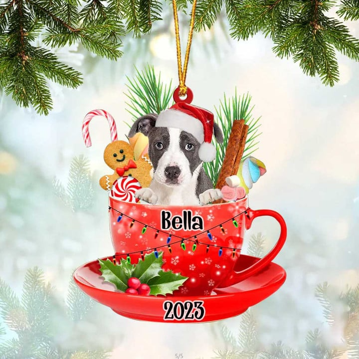 Personalized Name Awesome Pitbull Dog Santa Hat In Red Cup Acrylic Ornament, Christmas Gift Ornament for Dog Lover