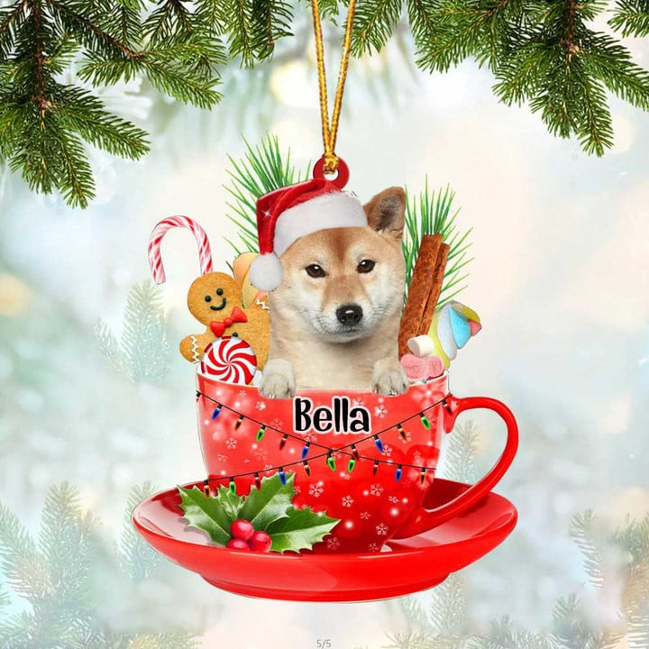 Customized Shiba Inu Dog Santa Hat In Red Cup Acrylic Ornament, Personalized Gifts For Christmas Dog Mom