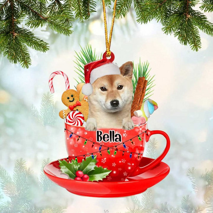 Customized Shiba Inu Dog Santa Hat In Red Cup Acrylic Ornament, Personalized Gifts For Christmas Dog Mom