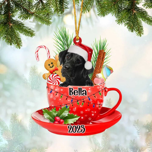 Customized Black Labrador & Santa Hat In Red Cup Acrylic Ornament, Custom Ornament Gift For Christmas