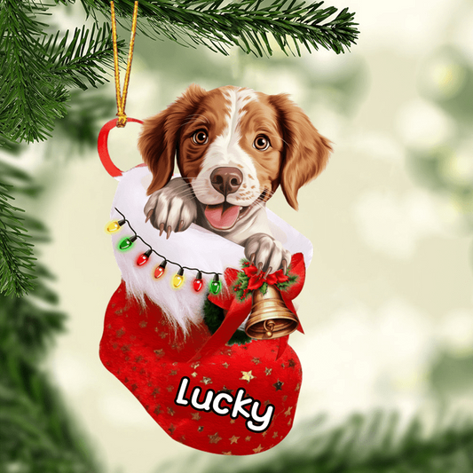 Personalized Brittany In Christmas Stocking Acrylic Ornament, Christmas Gifts Ornament for Dog Lover