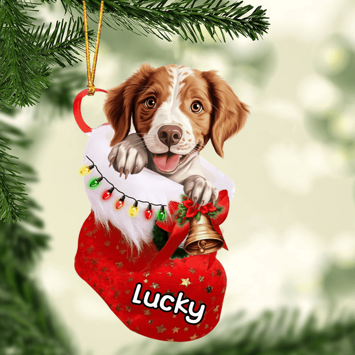 Personalized Brittany In Christmas Stocking Acrylic Ornament, Christmas Gifts Ornament for Dog Lover