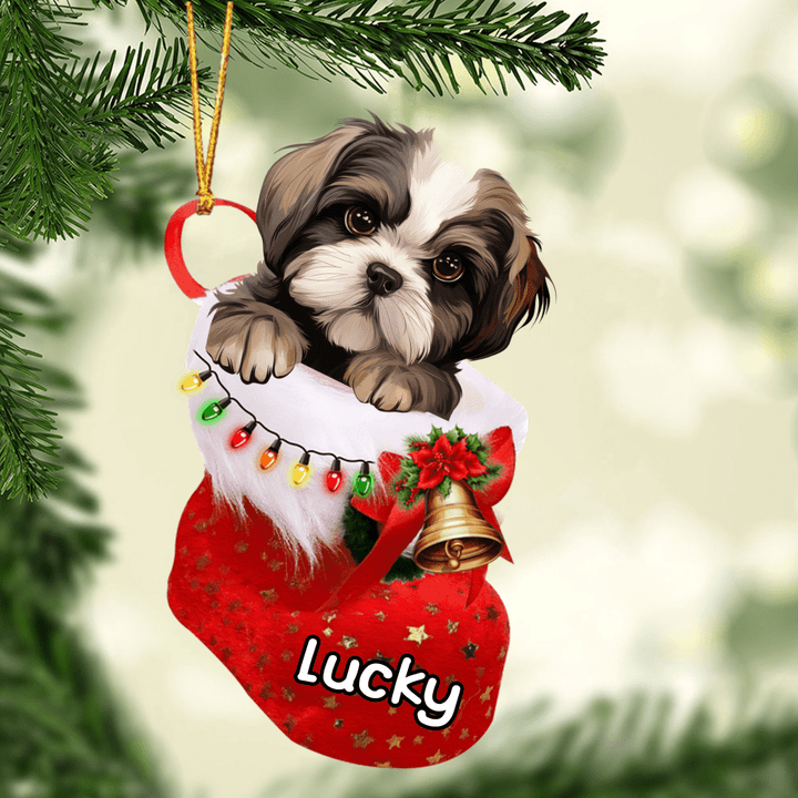 Customized Shih Tzu Dog In Christmas Stocking Acrylic Ornament, Christmas Gifts Ornament for Dog Lover