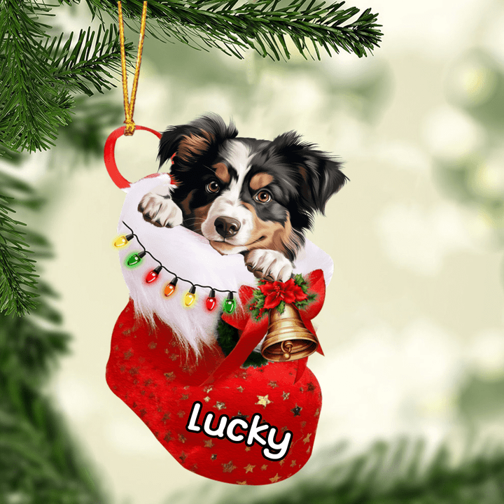 Customized Miniature American Shepherd Dog In Christmas Stocking Acrylic Ornament, Christmas Gifts Ornament for Dog Lover