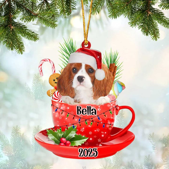 Customized Cute Cavalier King Charles Spaniel Dog Santa Hat In Red Cup Acrylic Ornament, Christmas Gifts Ornament for Dog Lover