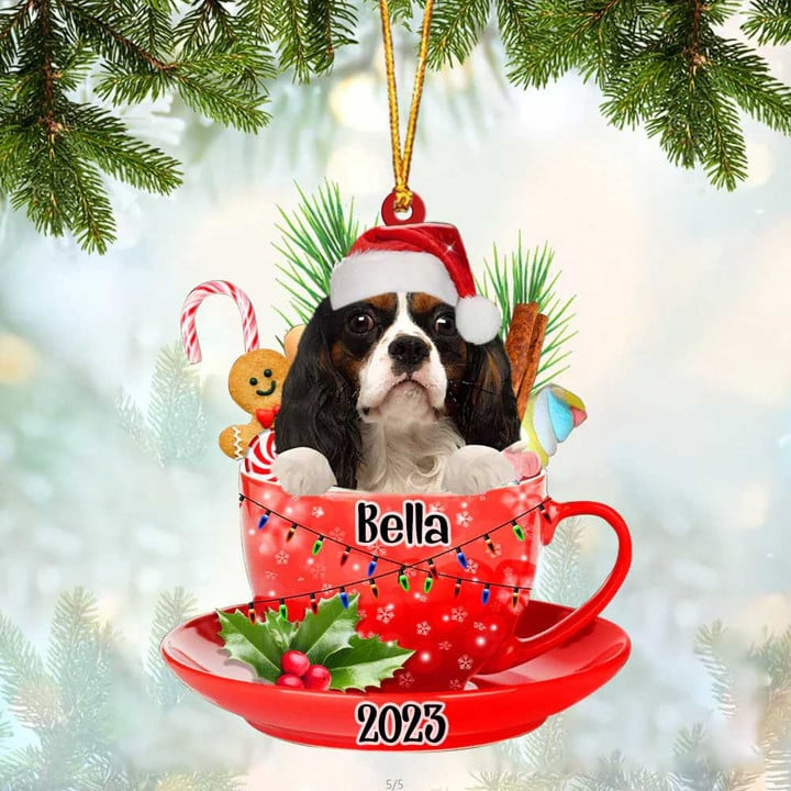 Customized Cavalier King Charles Spaniel & Santa Hat In Red Cup Acrylic Ornament, Christmas Gifts Ornament for Dog Lover