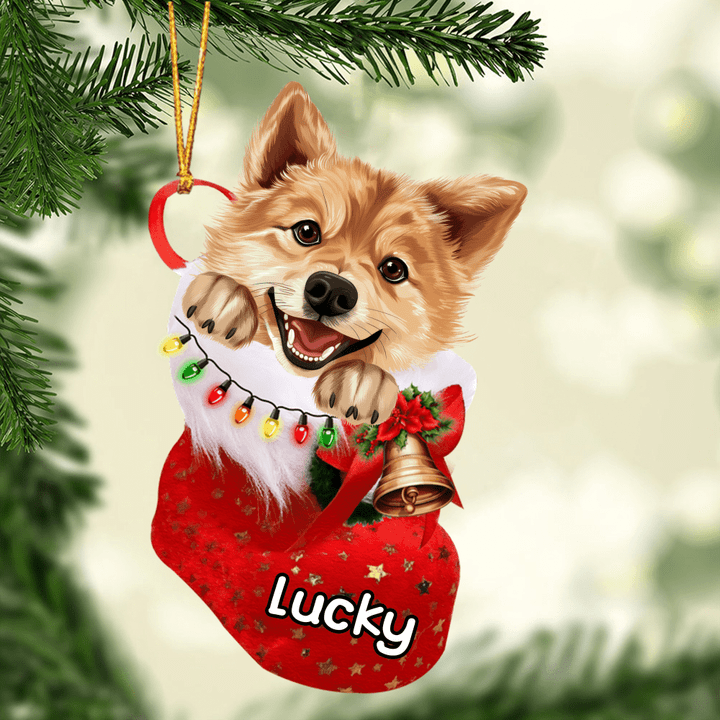 Customized Finnish Spitz Dog In Christmas Stocking Acrylic Ornament, Christmas Gifts Ornament for Dog Lover