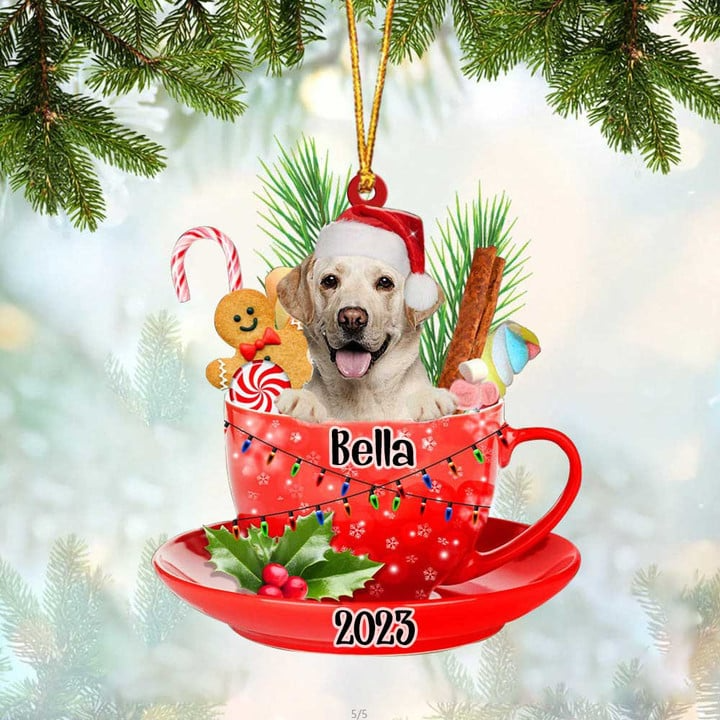 Customized Smiling Labrador In Red Cup Acrylic Ornament, Personalized Ornament Gifts For Christmas Dog Mom