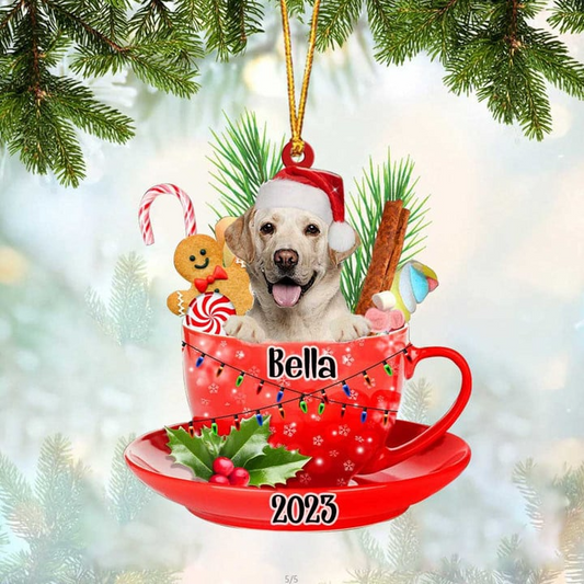 Customized Smiling Labrador In Red Cup Acrylic Ornament, Personalized Ornament Gifts For Christmas Dog Mom