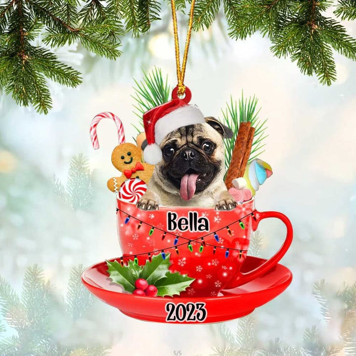 Customized Cute Fawn Pug Dog Santa Hat In Red Cup Acrylic Ornament, Christmas Gifts Ornament for Dog Lover