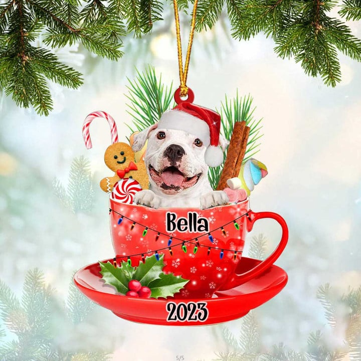 Customized White Pitbull In Red Cup Acrylic Ornament, Personalized Ornament Gifts For Christmas Dog Mom