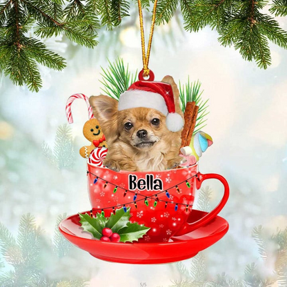 Customized Long Haired Tan Chihuahua In Red Cup Acrylic Ornament, Personalized Ornament Gifts For Christmas Dog Mom