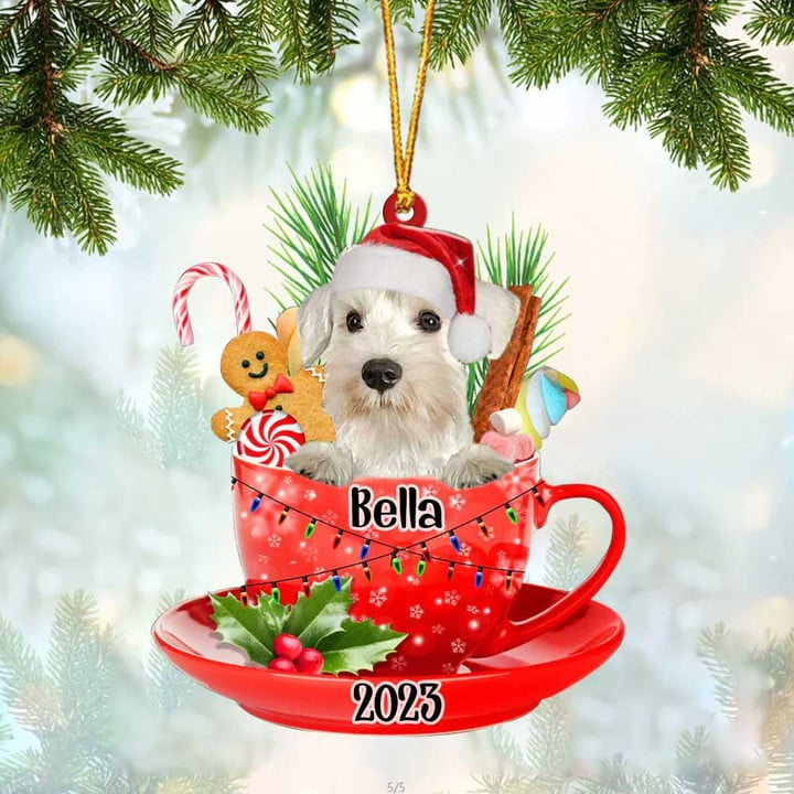 Custom White Miniature Schnauzer Dog Santa Hat In Red Cup Acrylic Ornament, Personalized Ornament Gift For Christmas