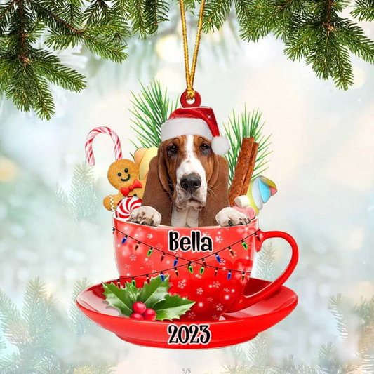 Customized Basset Hound Dog Santa Hat In Red Cup Acrylic Ornament, Christmas Gifts Ornament for Dog Lover
