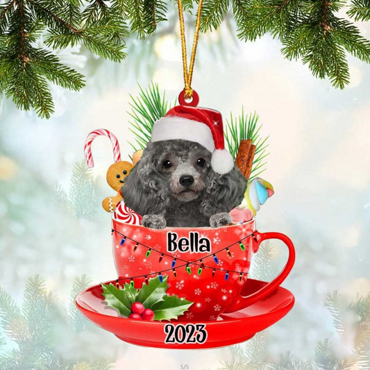 Customized Silver Miniature Poodle & Santa Hat In Red Cup Acrylic Ornament, Personalized Gifts For Christmas Dog Mom