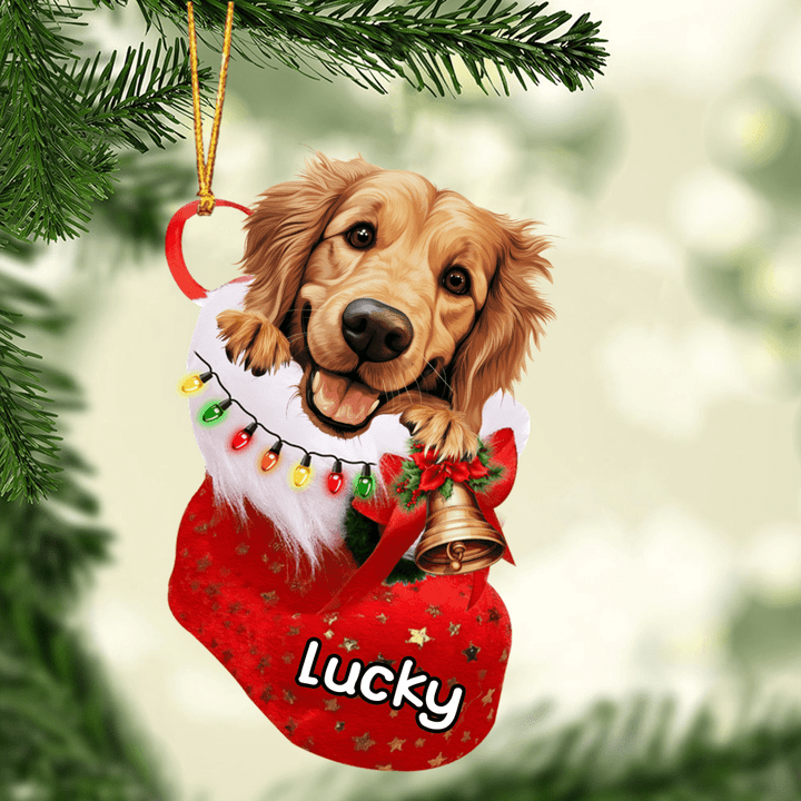 Customized Cute Golden Retriever Dog In Christmas Stocking Acrylic Ornament, Christmas Gifts Ornament for Dog Lover