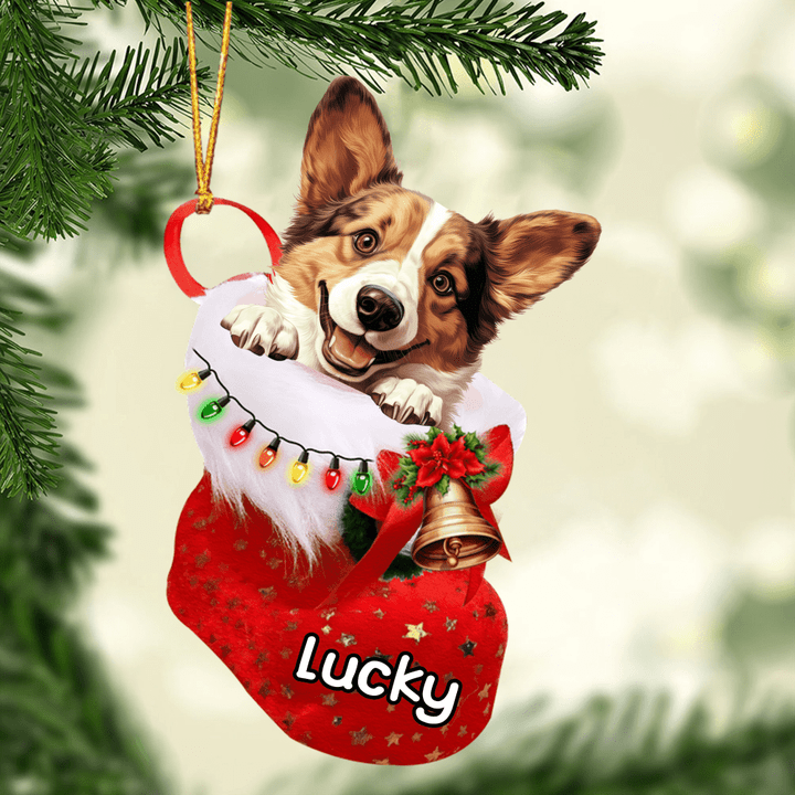 Personalized Welsh Corgi Dog In Christmas Stocking Acrylic Ornament, Christmas Gifts Ornament for Dog Lover