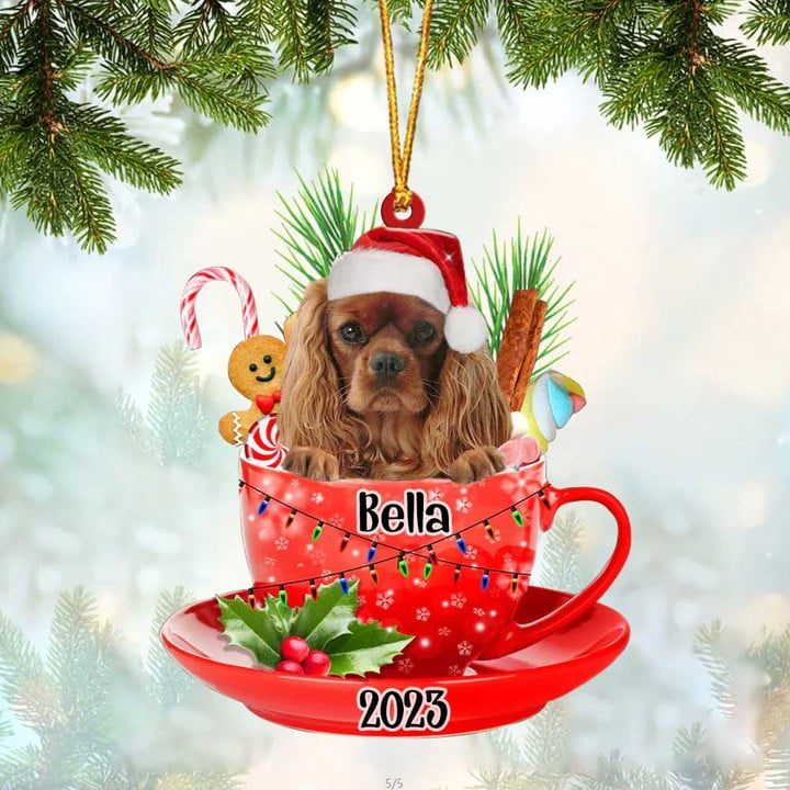 Customized Awesome Cavalier King Charles Spaniel Dog Santa Hat In Red Cup Acrylic Ornament, Christmas Gifts Ornament for Dog Lover