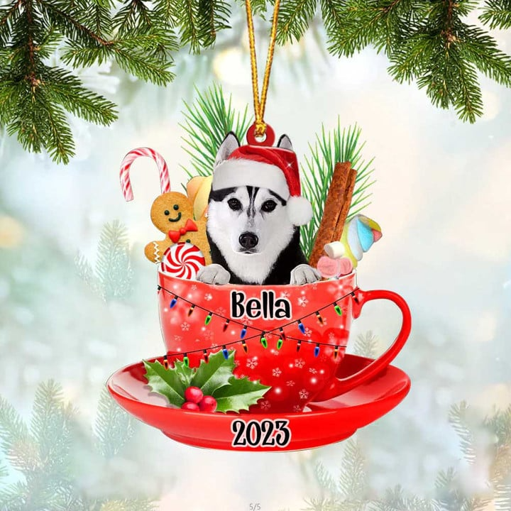 Customized Cute Husky & Santa Hat In Red Cup Acrylic Ornament, Christmas Gift Ornament for Dog Lover