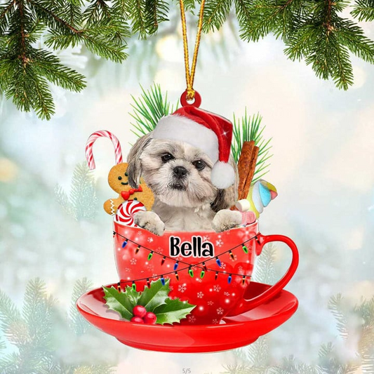 Customized Cream Shih Tzu Dog Santa Hat In Red Cup Acrylic Ornament, Personalized Gifts For Christmas Dog Mom