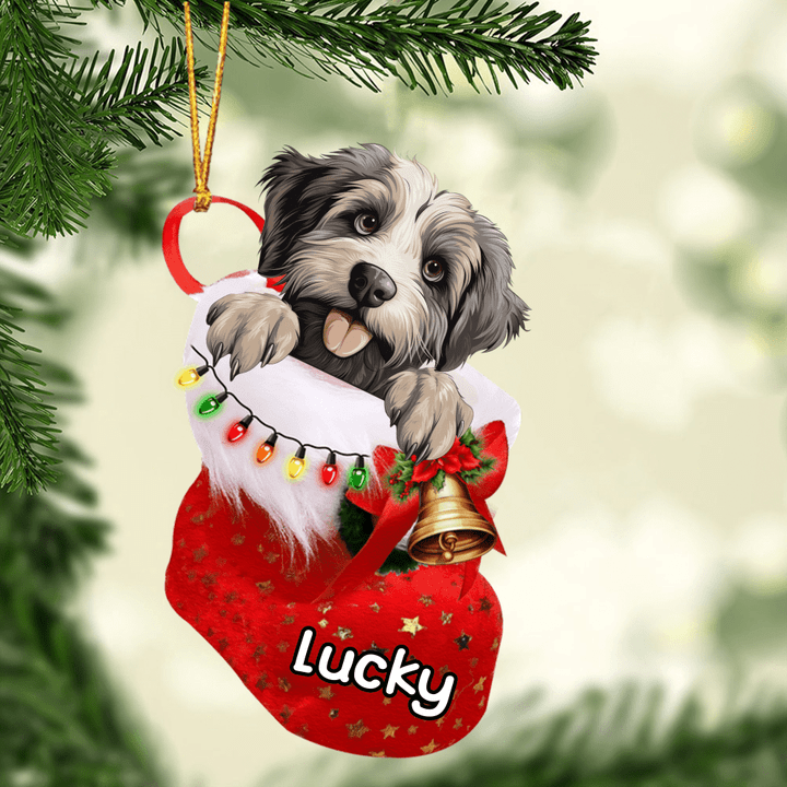 Customized Cute Pyrenean Shepherd Dog In Christmas Stocking Acrylic Ornament, Christmas Gifts Ornament for Dog Lover