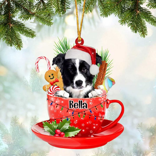 Customized Border Collie In Red Cup Acrylic Ornament, Personalized Ornament Gifts For Christmas Dog Mom