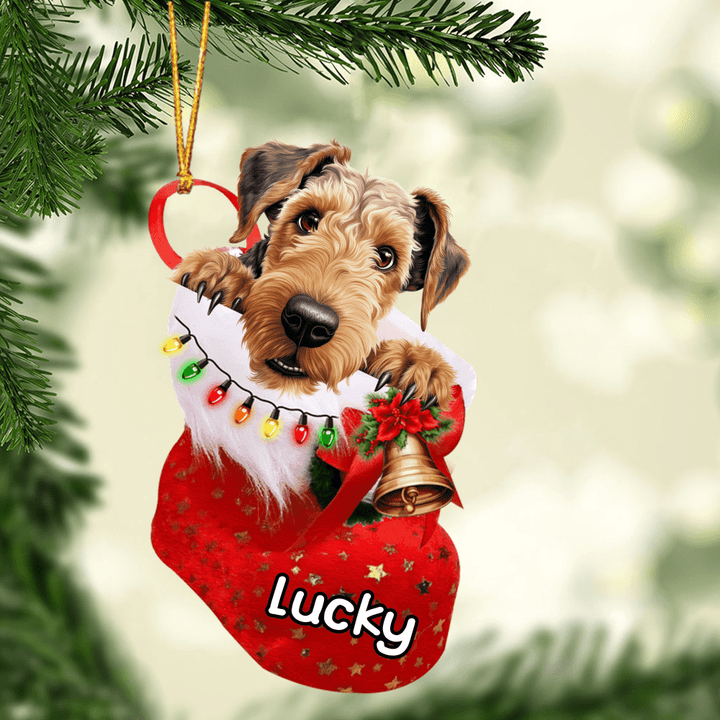 Custom Name Airedale Terrier Dog in Christmas Stocking Acrylic Ornament, Christmas Gifts Ornament for Dog Lover