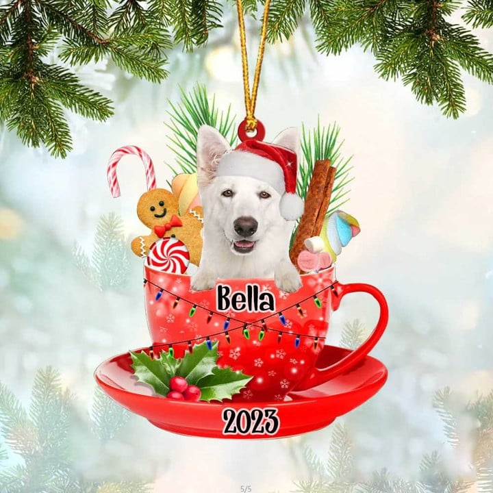 Personalized Name Awesome White German Shepherd Dog Santa Hat In Red Cup Acrylic Ornament, Christmas Gifts Ornament for Dog Lover