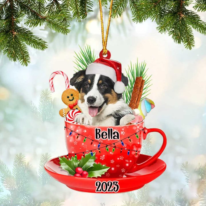 Customized Cute Australian Shepherd Dog Santa Hat In Red Cup Acrylic Ornament, Christmas Gifts Ornament for Dog Lover