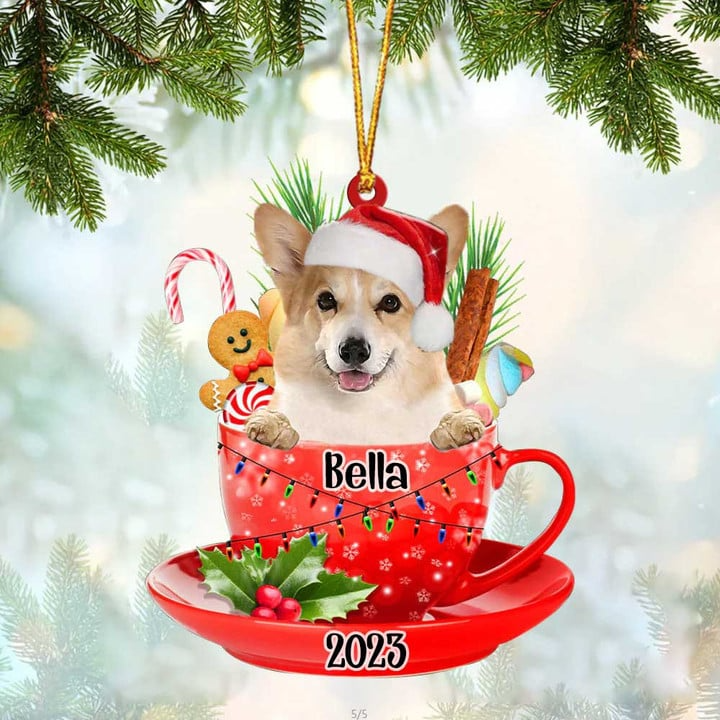 Customized Cute Corgi & Santa Hat In Red Cup Acrylic Ornament, Christmas Gifts Ornament for Dog Lover