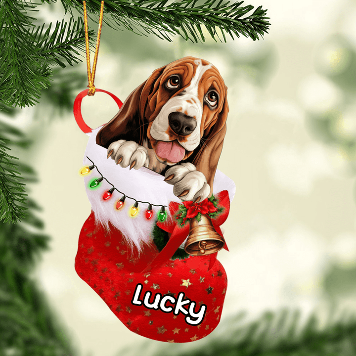 Personalized Basset Hound in Christmas Stocking Acrylic Ornament, Christmas Gifts Ornament for Dog Lover