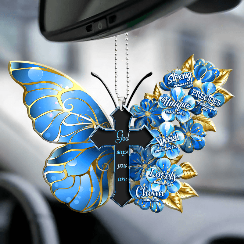 Blue Butterfly And Cross God Says you Are Acrylic Car Ornament, Perfect Christmas Gift For Family, Friend