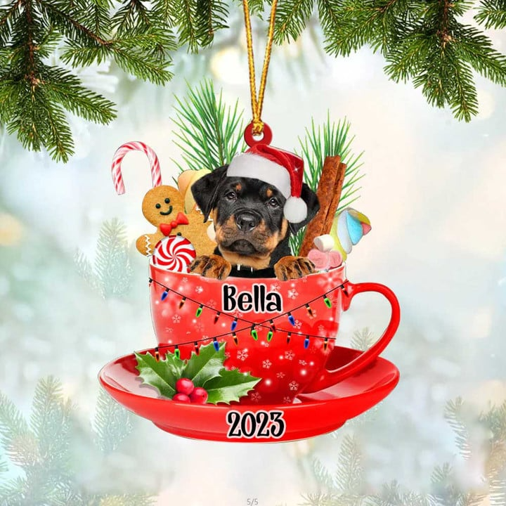 Customized Awesome Rottweiler Dog Santa Hat In Red Cup Acrylic Ornament, Christmas Gifts Ornament for Dog Lover