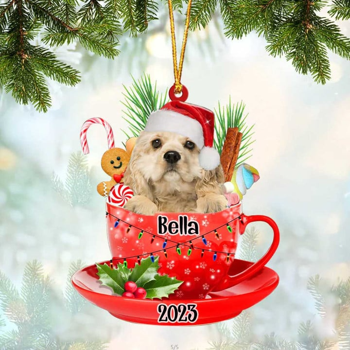 Customized Cream American Cocker Spaniel Dog Santa Hat In Red Cup Acrylic Ornament, Christmas Gifts Ornament for Dog Lover