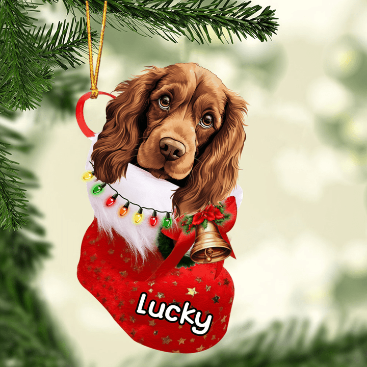 Sussex Spaniel Dog In Christmas Stocking Acrylic Ornament Custom Name, Christmas Gifts Ornament for Dog Lover