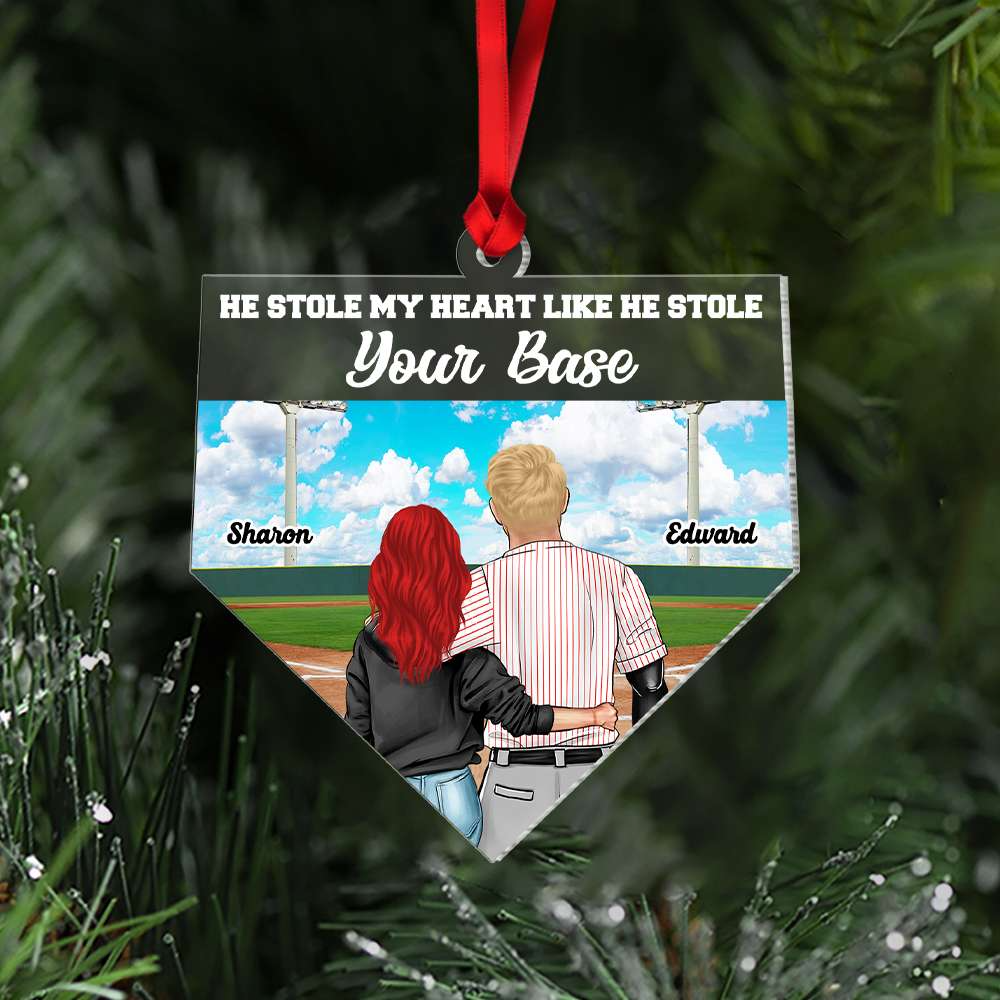 Personalized Baseball Couple Acrylic Ornament He Stole My Heart, Custom Christmas Ornament Gifts For Couple