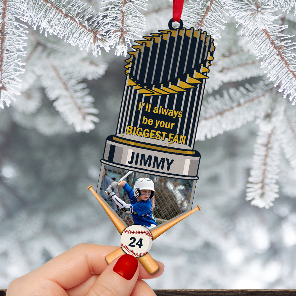 Custom Photo Baseball Trophy Acrylic Ornament I'll Always Be Your Biggest Fan, Christmas Ornament Gift For Son, Grandson