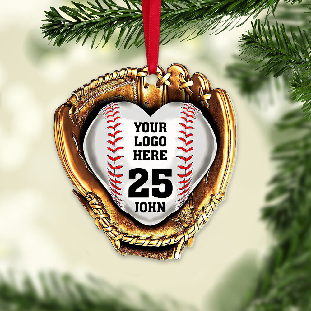 Personalized Baseball Gloves Golden Heart Custom Logo Acrylic Ornament, Custom Christmas Ornament Gift For Son, Daughter