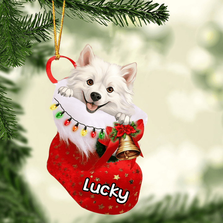 Custom Name American Eskimo Dog in Christmas Stocking Acrylic Ornament, Christmas Gifts Ornament for Dog Lover