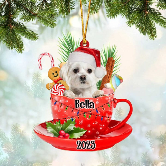 Customized White Maltese In Red Cup Acrylic Ornament, Personalized Ornament Gifts For Christmas Dog Mom