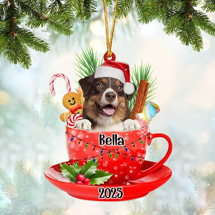 Customized Australian Shepherd Dog In Cup Acrylic Ornament, Personalized Ornament Gifts For Christmas Dog Mom