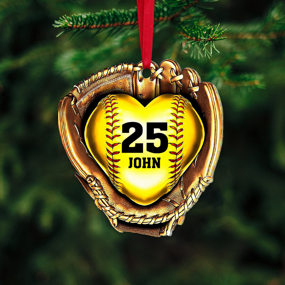 Personalized Baseball Gloves Golden Heart Acrylic Ornament,  Custom Christmas Ornament Gift For Son, Daughter, Grandson