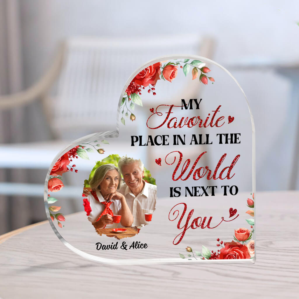 Personalized Couple Heart Acrylic Plaque, Customized My Favorite Place In All The World Is Next To You Acrylic Plaque, Best Gift For Couple