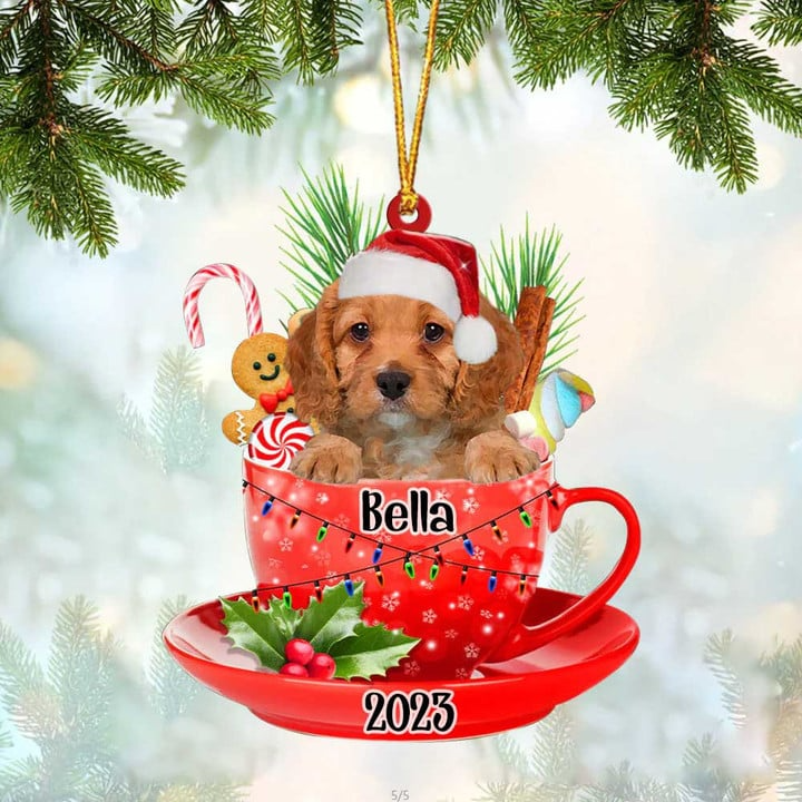 Customized Cavapoo & Santa Hat In Red Cup Acrylic Ornament, Christmas Gifts Ornament for Dog Lover