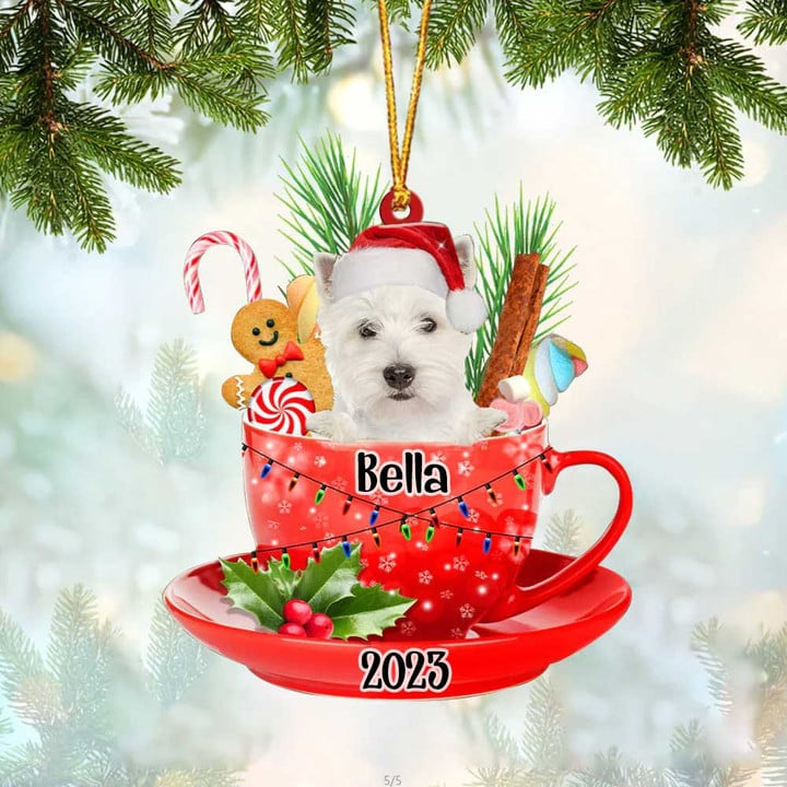 Customized West Highland White Terrier Dog Santa Hat In Red Cup Acrylic Ornament, Christmas Gifts Ornament for Dog Mom